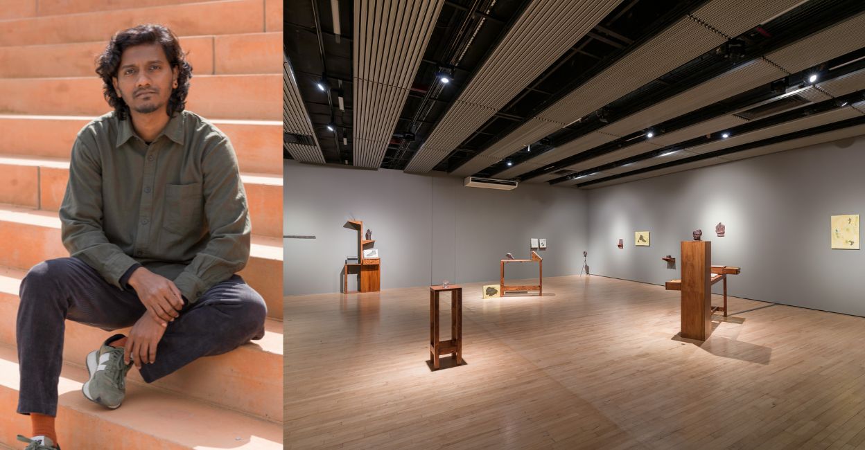 (1) Amol K Patil (2) Anmol's installation 'The Politics of Skin and Movement' at the Hayward Gallery in London. Photos: (1) Bea Borgers (2) Mark Blower